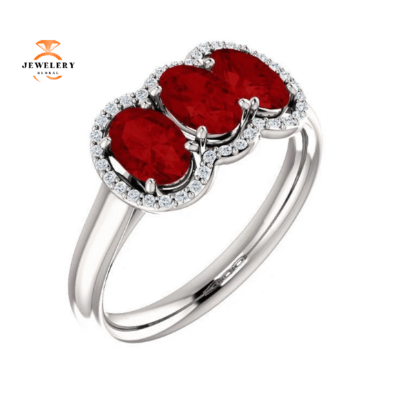 14KT GOLD 1.80 CTW RUBY & .10 CTW DIAMOND 3 STONE OVAL HALO RING