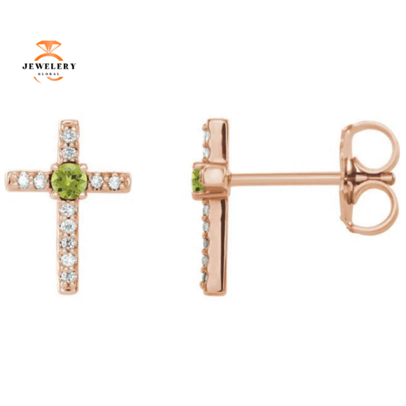 14KT GOLD PERIDOT & DIAMOND CROSS EARRINGS - Image 6