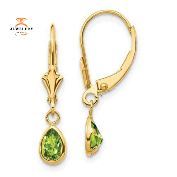 14KT GOLD 0.90 CTW PEAR PERIDOT BEZEL LEVERBACK EARRINGS - Image 4