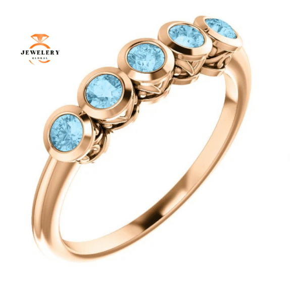 14KT GOLD 3/10 CTW ROUND AQUAMARINE 5 STONE RING - Image 9