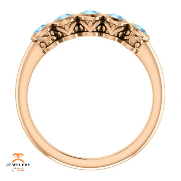 14KT GOLD 3/10 CTW ROUND AQUAMARINE 5 STONE RING - Image 10