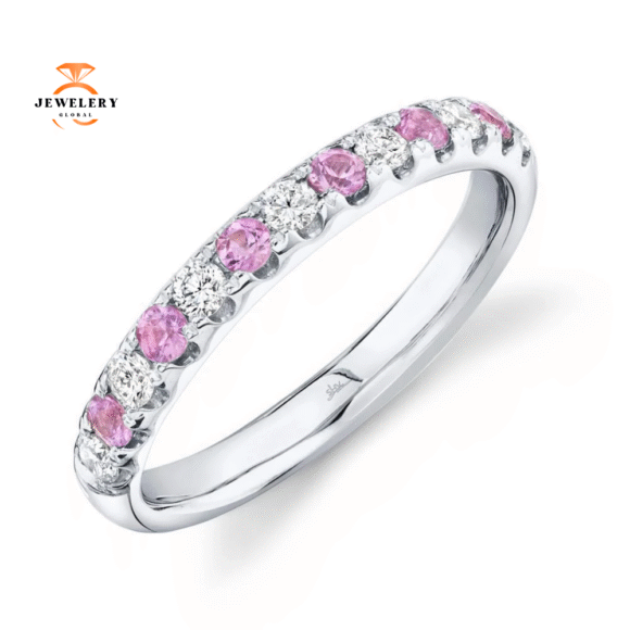 14KT GOLD 0.60 CTW ROUND PINK SAPPHIRE & DIAMOND BAND