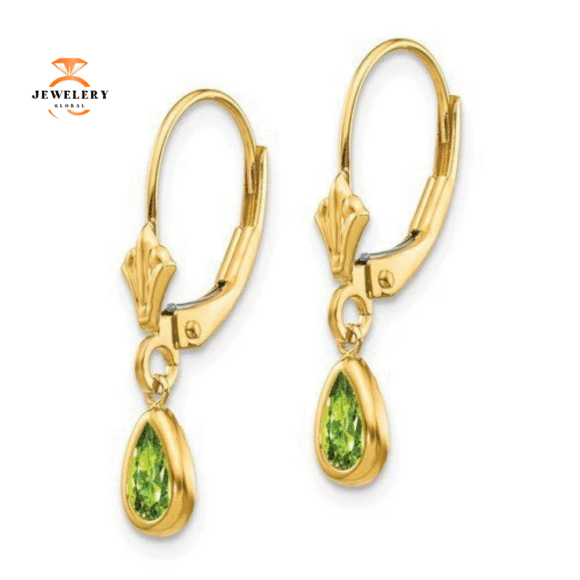 14KT GOLD 0.90 CTW PEAR PERIDOT BEZEL LEVERBACK EARRINGS - Image 5