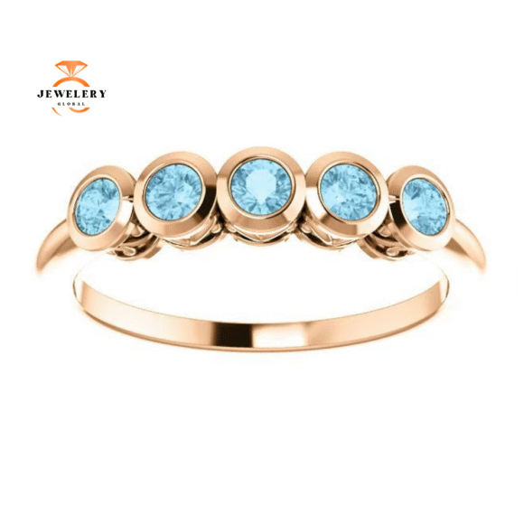 14KT GOLD 3/10 CTW ROUND AQUAMARINE 5 STONE RING - Image 11