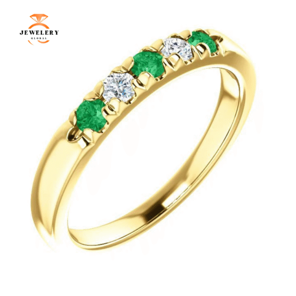 14KT GOLD 0.18 CTW EMERALD & 0.12 CTW DIAMOND FRENCH-SET 5 STONE BAND - Image 6
