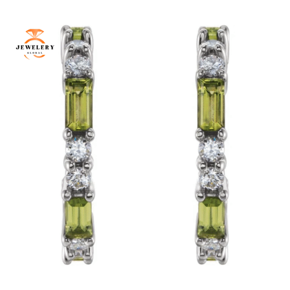 14KT GOLD PERIDOT & DIAMOND J HOOP EARRINGS - Image 2