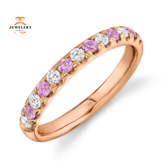 14KT GOLD 0.60 CTW ROUND PINK SAPPHIRE & DIAMOND BAND - Image 2