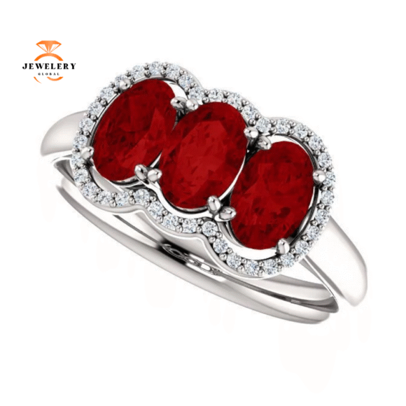 14KT GOLD 1.80 CTW RUBY & .10 CTW DIAMOND 3 STONE OVAL HALO RING - Image 5