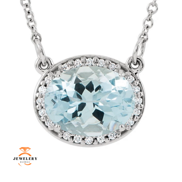14KT GOLD 1.70 CT AQUAMARINE & .05 CTW DIAMOND HALO NECKLACE