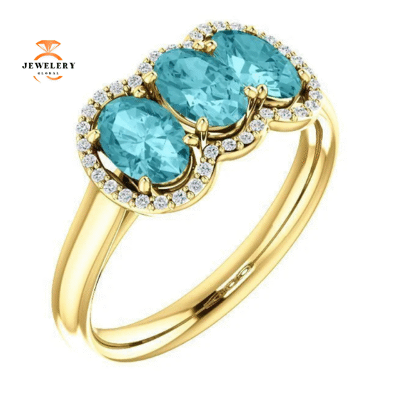 14KT GOLD 2.25 CTW BLUE ZIRCON & 0.10 CTW DIAMOND 3 STONE OVAL HALO RING - Image 12