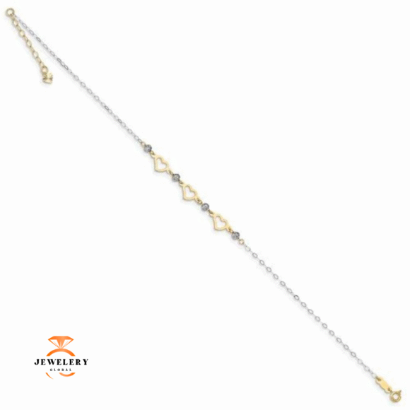 14KT TWO-TONE GOLD BEAD & HEART OVAL LINK ANKLET - Image 5