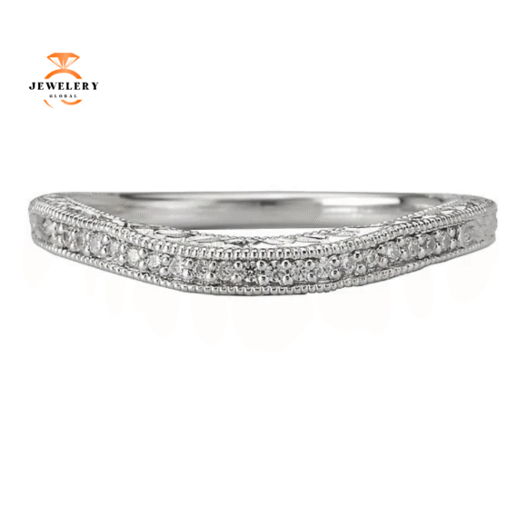 14KT WHITE GOLD .08 CTW DIAMOND CURVED MILGRAIN ETCHED BAND - Image 2