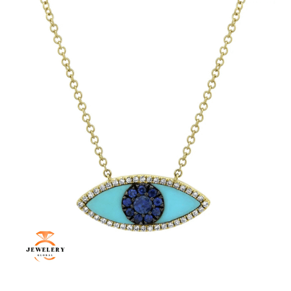 14KT GOLD 0.74 CTW BLUE SAPPHIRE, DIAMOND & COMPOSITE TURQUOISE EYE NECKLACE - Image 3