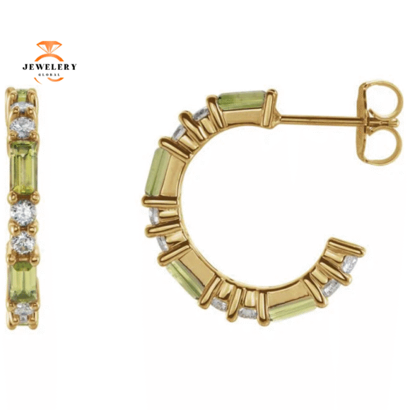 14KT GOLD PERIDOT & DIAMOND J HOOP EARRINGS - Image 3