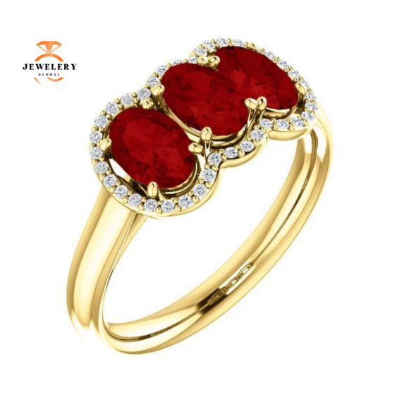 14KT GOLD 1.80 CTW RUBY & .10 CTW DIAMOND 3 STONE OVAL HALO RING - Image 7