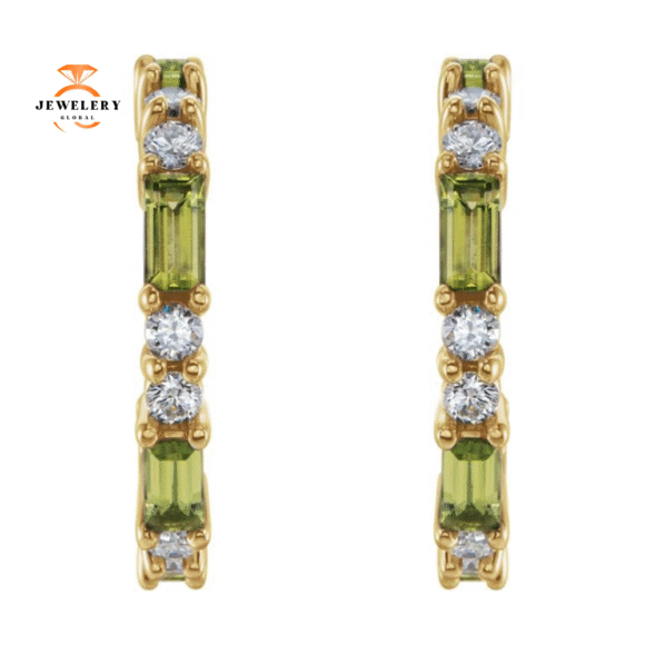14KT GOLD PERIDOT & DIAMOND J HOOP EARRINGS - Image 4