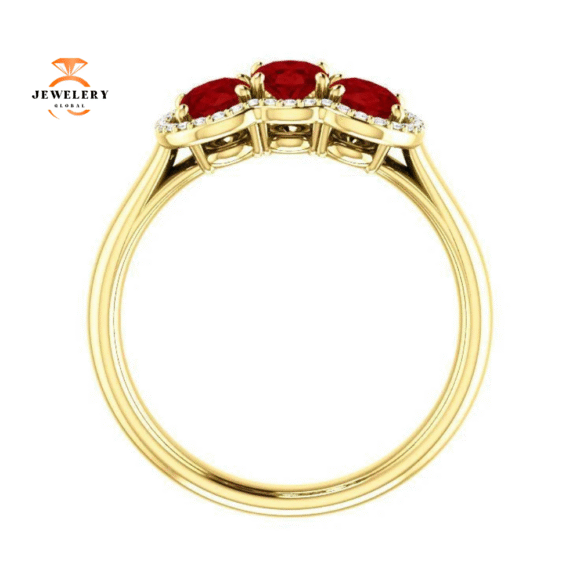 14KT GOLD 1.80 CTW RUBY & .10 CTW DIAMOND 3 STONE OVAL HALO RING - Image 8