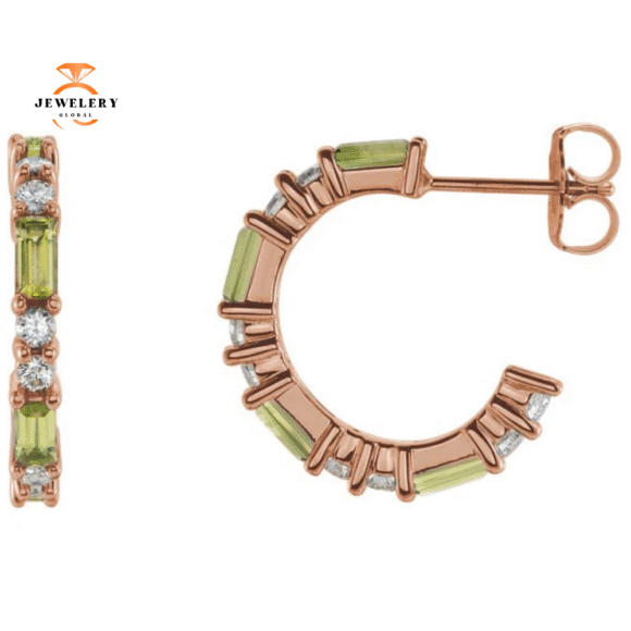 14KT GOLD PERIDOT & DIAMOND J HOOP EARRINGS - Image 5