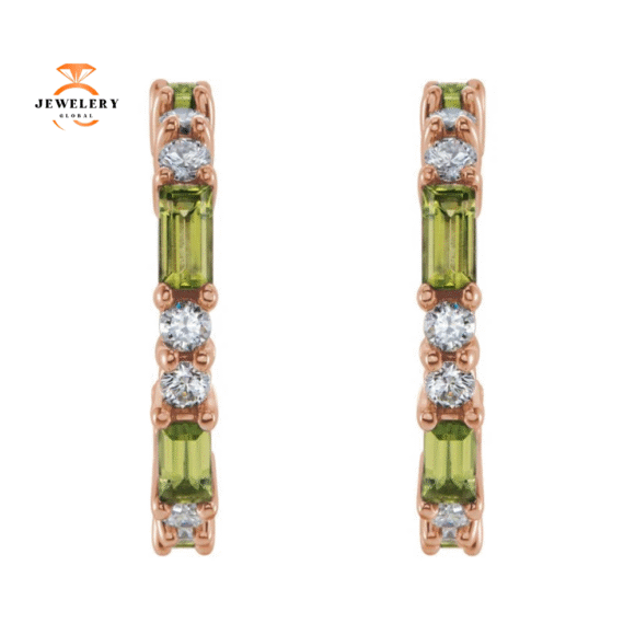 14KT GOLD PERIDOT & DIAMOND J HOOP EARRINGS - Image 6
