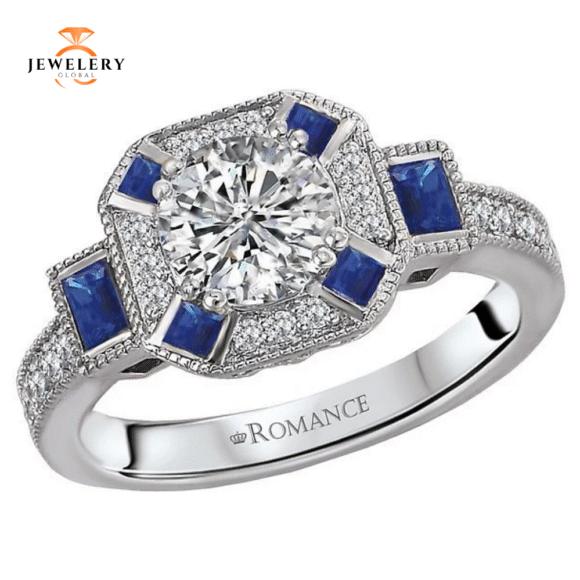14KT 3/8 CTW SAPPHIRE & 1/4 CTW DIAMOND VINTAGE SETTING FOR 1 CT ROUND