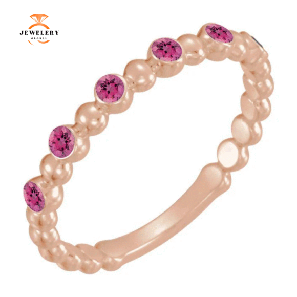 14KT GOLD 0.18 CTW PINK TOURMALINE BEADED STACKABLE RING - Image 3