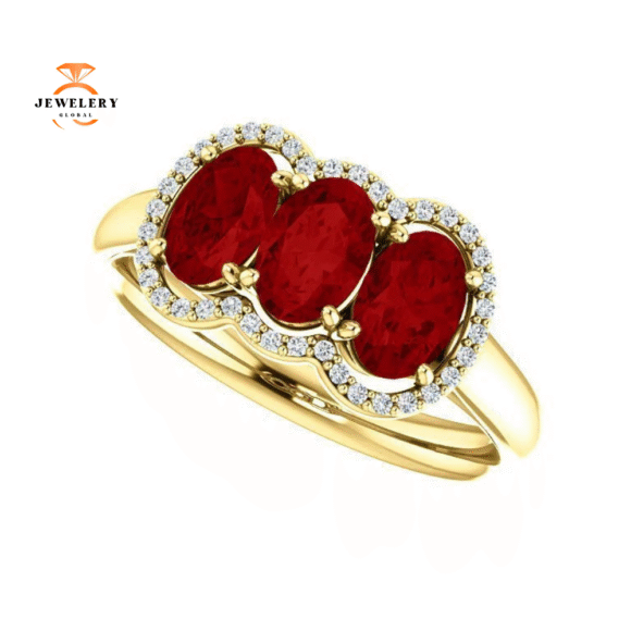 14KT GOLD 1.80 CTW RUBY & .10 CTW DIAMOND 3 STONE OVAL HALO RING - Image 11