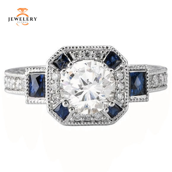 14KT 3/8 CTW SAPPHIRE & 1/4 CTW DIAMOND VINTAGE SETTING FOR 1 CT ROUND - Image 2
