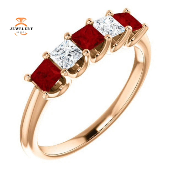 14KT GOLD 0.60 CTW RUBY & 0.33 CTW DIAMOND SQUARE 5 STONE BAND