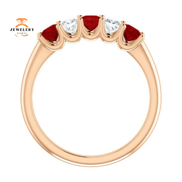 14KT GOLD 0.60 CTW RUBY & 0.33 CTW DIAMOND SQUARE 5 STONE BAND - Image 2