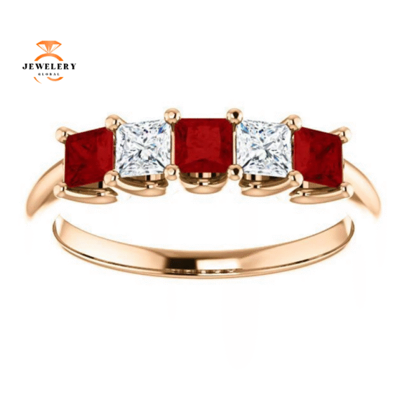 14KT GOLD 0.60 CTW RUBY & 0.33 CTW DIAMOND SQUARE 5 STONE BAND - Image 3