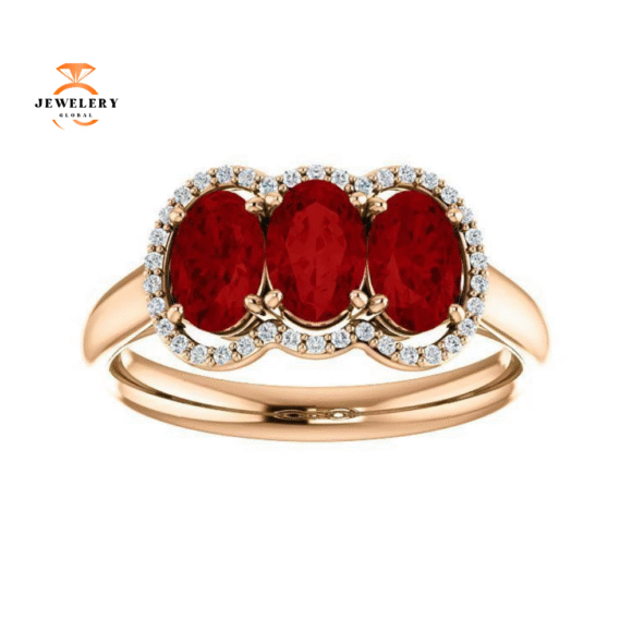 14KT GOLD 1.80 CTW RUBY & .10 CTW DIAMOND 3 STONE OVAL HALO RING - Image 14