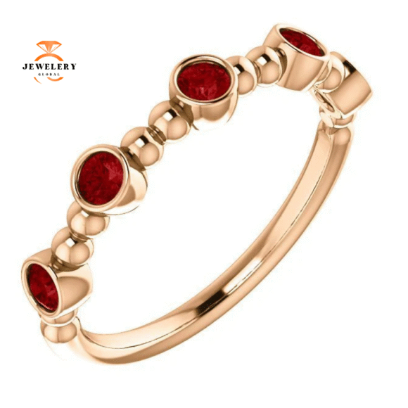 14KT GOLD 0.45 CTW RUBY BEZEL-SET 5 STONE BEADED STACKABLE RING