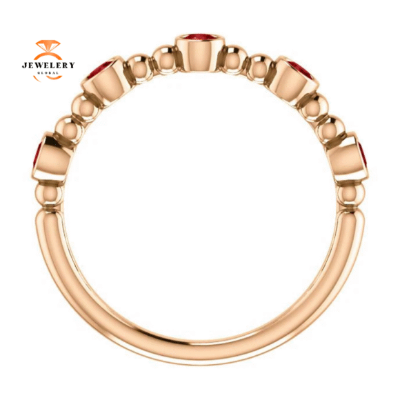 14KT GOLD 0.45 CTW RUBY BEZEL-SET 5 STONE BEADED STACKABLE RING - Image 2