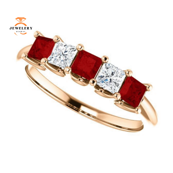 14KT GOLD 0.60 CTW RUBY & 0.33 CTW DIAMOND SQUARE 5 STONE BAND - Image 5