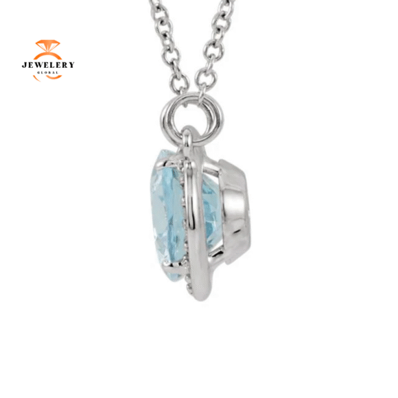 14KT GOLD 1.70 CT AQUAMARINE & .05 CTW DIAMOND HALO NECKLACE - Image 2