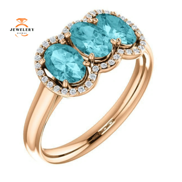 14KT GOLD 2.25 CTW BLUE ZIRCON & 0.10 CTW DIAMOND 3 STONE OVAL HALO RING - Image 7