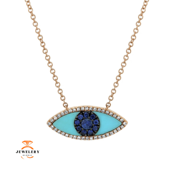 14KT GOLD 0.74 CTW BLUE SAPPHIRE, DIAMOND & COMPOSITE TURQUOISE EYE NECKLACE - Image 2