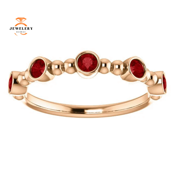 14KT GOLD 0.45 CTW RUBY BEZEL-SET 5 STONE BEADED STACKABLE RING - Image 3