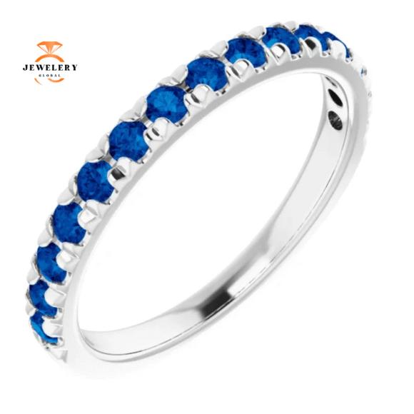 14KT GOLD 3/4 CTW ROUND BLUE SAPPHIRE FRENCH-SET BAND - Image 4