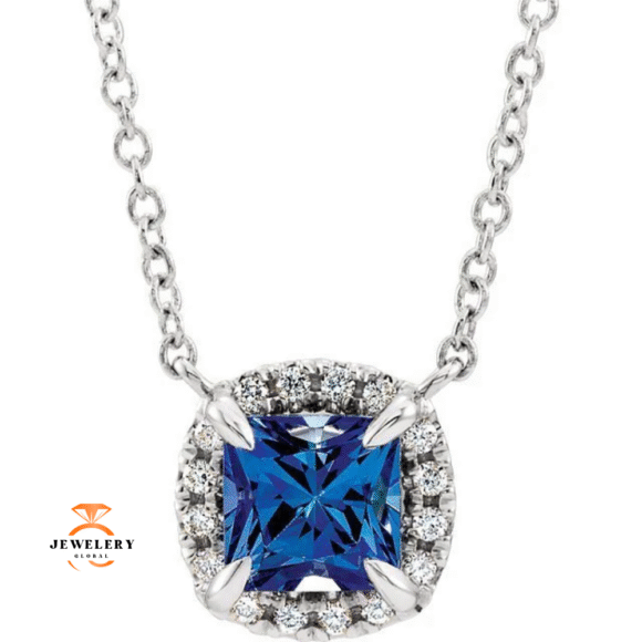 14KT GOLD 0.20 CT SAPPHIRE & .05 CTW DIAMOND HALO NECKLACE