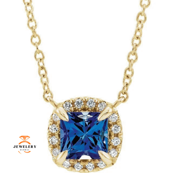14KT GOLD 0.20 CT SAPPHIRE & .05 CTW DIAMOND HALO NECKLACE - Image 5