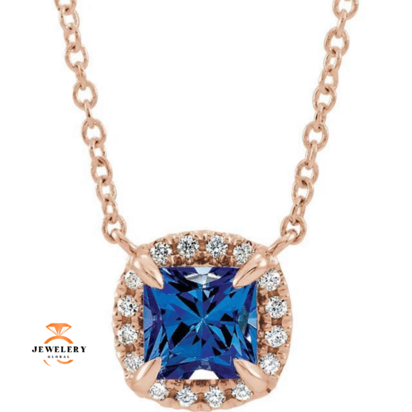 14KT GOLD 0.20 CT SAPPHIRE & .05 CTW DIAMOND HALO NECKLACE - Image 3