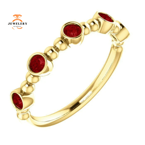 14KT GOLD 0.45 CTW RUBY BEZEL-SET 5 STONE BEADED STACKABLE RING - Image 5