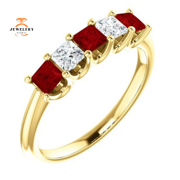 14KT GOLD 0.60 CTW RUBY & 0.33 CTW DIAMOND SQUARE 5 STONE BAND - Image 7
