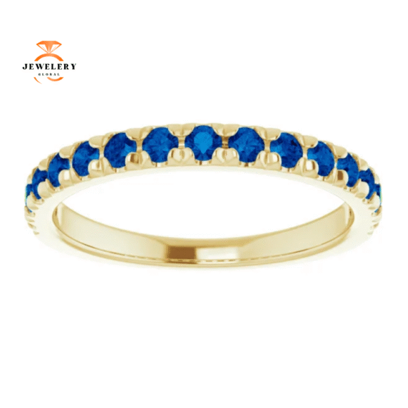 14KT GOLD 3/4 CTW ROUND BLUE SAPPHIRE FRENCH-SET BAND - Image 7
