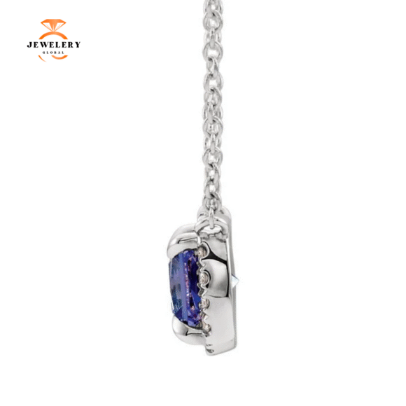 14KT GOLD 0.20 CT SAPPHIRE & .05 CTW DIAMOND HALO NECKLACE - Image 2