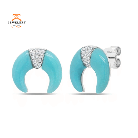 14KT GOLD 1.89 CT TURQUOISE & .06 CTW DIAMOND CRESENT EARRINGS