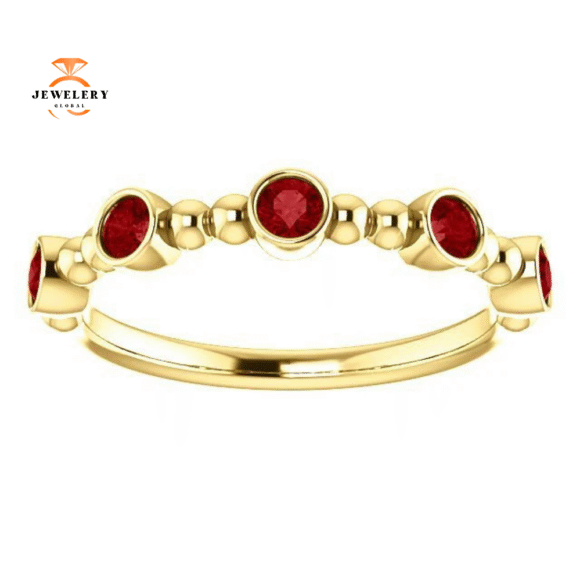 14KT GOLD 0.45 CTW RUBY BEZEL-SET 5 STONE BEADED STACKABLE RING - Image 7