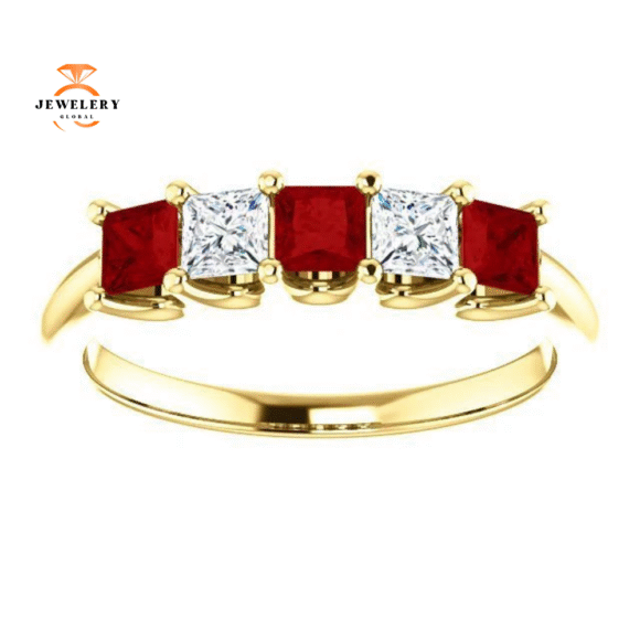14KT GOLD 0.60 CTW RUBY & 0.33 CTW DIAMOND SQUARE 5 STONE BAND - Image 9