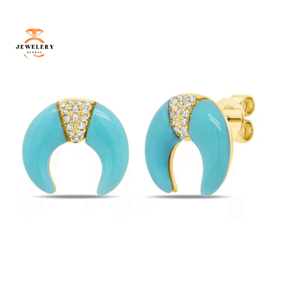 14KT GOLD 1.89 CT TURQUOISE & .06 CTW DIAMOND CRESENT EARRINGS - Image 2